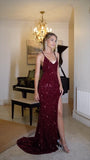 Fitted Burgundy Mermaid Halter Strap Sleeveless Wine Deep Red Floor Length Slit Prom Dresses HZ0311