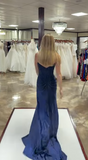 Elegant Mermaid Strapless Navy Blue With Beads Slit Long Formal Prom Evening Dress Dinner Outfits Party Gowns HZ0311