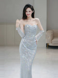 Glitter Mermaid Sweetheart Silver Gray Sequins With Gloves Prom Dresses Inspiration Long Night Outfits 18th Birthday Outfits HZ0311
