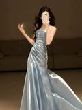 Glitter Mermaid Strapless Light Blue Sleeveless Prom Dresses Inspiration Long Night Outfits 18th Birthday Outfits HZ0311
