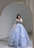 Charming Ball Gown Sweetheart Blue Tulle Long Prom Dresses Formal Party Dress Prom Gown HZ0311