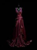 Vintage A Line V Neck Grape Satin With Beadings Lace Floor Length Inspiration Long Prom Dresses HZ0311