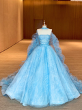 Modest Ball Gown Strapless Ice Blue With Long Cape Tiered Layered Prom Dress Aesthetic Long Graduation Evening Outfits HZ0311