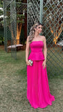 Sexy Hot Pink Prom Dress Aesthetic Classy A line Strapless Sleeveless Chiffon Prom Gowns HZ0311