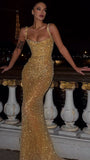 Sexy Mermaid Square Neck Gold Sequin Prom Dresses Party Dress Long Evening Dresses HZ0311