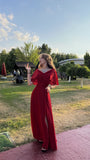 Modest A Line Off The Shoulder Red Chiffon With Slit Prom Dresses Long Party Dress Evening Dresses HZ0311