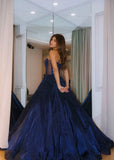 Classy Ball Gown Strapless Navy Blue Sequins Prom Dresses Party Dress Long Evening Dresses HZ0311