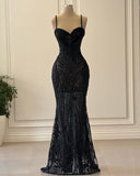 Luxury Mermaid Spaghetti Strap Beaded Black Evening Dress Formal Prom Dress For Party Gown HZ0311