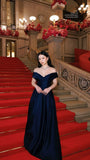 Elegant A line Off The Shoulder Navy Blue With Pleated Sleeves Long Formal Prom Evening Dress Dinner Outfits Party Gowns HZ0311