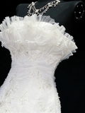 Vintage 80s Wedding Dresses Mermaid Strapless Tulle White Ruched Layers Long Brides Dress Fitted Bridal Gown HZ0311