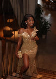 Gorgeous Gold Mermaid High-slit Sequined Long Prom Dress Evening Dress With Beads HZ0311