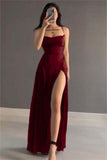 Chic A line Spaghetti Strap Burgundy Satin With Split Sleeveless Long Party Women Prom Dresses HZ0311