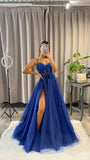 Classy A Line Spaghetti Strap Royal Blue Tulle Slit Long Prom Dress Aesthetic For Teens Formal Dress Party Outfits Prom Gown HZ0311