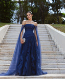 Elegant Mermaid Off The Shoulder Chiffon Navy Blue With Cape Sleeves Long Formal Fancy Prom Evening Dress Dinner Outfits Classy Party Gowns HZ0311