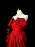 Vintage A Line Strapless Red Satin Senior Prom Dresses High School Long Formal Dress HZ0311