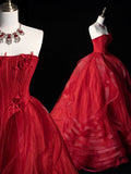 Modest Ball Gown Strapless Red Tulle Prom Dresses Inspiration Party Gowns Princess Formal Dress HZ0311
