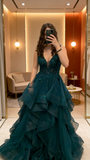 Classy Ball Gown V Neck Dark Green Tulle Appliques Prom Dresses Party Dress Long Evening Dresses HZ0311