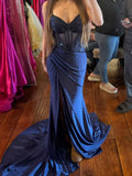 Mermaid Spaghetti Straps Navy Blue Satin Beadings Sparkly Party Long Prom Dresses HZ0311