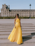 Modest A line Butter yellow floral prom dress sleeveless chiffon prom gowns HZ0311