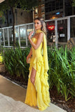 Gorgeous Yellow Strapless Sleeveless Chiffon Prom Dresses Ruffles Sheath With High Slit HZ0311