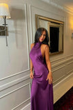 Modest High Neck Sleeveless Purple Satin Mermaid Long Evening Prom Dresses HZ0311