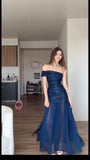 Elegant Mermaid One Shoulder Sleeveless Navy Blue With Cap Sleeves Long Sequins Prom Dresses Vestidos De Dia HZ0311