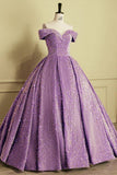 Sparkly Ball Gown Off The Shoulder Lilac Long Quinceanera Dress Sequins Birthday Luxury Dress Sweet 15 16 Birthday Gown HZ0311