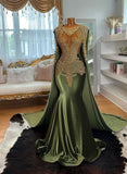 Olive Green Satin Prom Dress With Cape Beads Crystal Luxury Formal Birthday Party Gown Formal Inspo Evening Outfit HZ0311