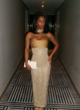 Pretty Mermaid Strapless Long Yellow Sequin Satin Party Dresses Prom Dresses Graduation Gown HZ0311