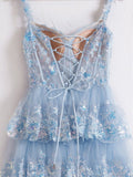 Light Blue Off The Shoulder Tulle Sequin Ruffle Tiered Long Gown with Slit Vestidos De Dia HZ0311