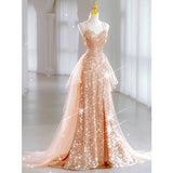Luxury Evening Dresses Train Bride Beach Party Gold Sequins Douber Straps Prom Dresses Formal Gowns HZ0311
