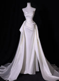 Simple White Mermaid Satin Strapless Pleats Wedding Dress HZ0311