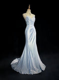 Elegant Blue Spaghetti Strap Prom Gown Pleated Sweetheart Neckline Sexy Backless Fishtail Celebrity Banquet Evening Dress HZ0311