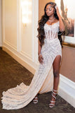 Sweetheart Ivory Mermaid High Split Court Train Sparkle Prom Dresses HZ0311