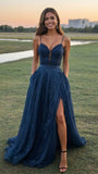 Unique A line Spaghetti Straps Navy Blue Slit Long Prom Dresses Dark Blue Formal Gown Inspo Evening Outfit HZ0311