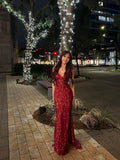 Elegant Mermaid V Neck Burgundy With Sequins Long Formal Fancy Evening Dress Dinner Outfits Classy Party Gowns HZ0311