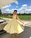 Elegant Butter Yellow Midi Dress for Summer Vacation Party Gowns Prom Dresses HZ0311