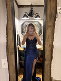 Navy Blue Mermaid Prom Dress Aesthetic Spaghetti Straps Midnight Long Prom Dresses Dark Blue Formal Gown Inspo Slit Evening Outfit HZ0311