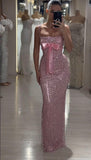 Glitter Mermaid Square Neck Pink Long Prom Dresses Formal Party Dress Cocktail Maxi Gowns HZ0311