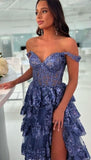 Modest A line Off The Shoulder Navy Blue Lace Slit Prom Dresses With Sleeves Party Dress Evening Dresses HZ0311
