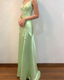 Pretty Mermaid V Neckline Green Satin Backless Evening Dress Prom Dresses With Beads HZ0311
