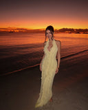 Ruffles Decoration Long Prom Dress Women Halter Low-Neck Backless Sleeveless Vacation Wedding Guest Gown HZ0311