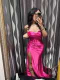 Modest Mermaid Prom Dresses for Women Spaghetti Straps Evening Party Gown Hot Pink Satin With Leg Slit Formal Gown 18th Birthday Gowns HZ0311