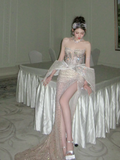 Sparkly Mermaid Sweetheart Champagne Slit Prom Dress Aesthetic Long Graduation Evening Outfits HZ0311