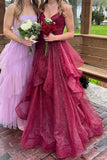 Ball Gown Spaghetti Straps Ruffled Long Prom Dress Burgundy Prom Dresses Birthday Gowns HZ0311