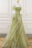 Elegant Sage Green Tulle Lace Prom Dress Off The Shoulder Long Evening Party Dress Prom Gowns HZ0311