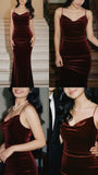 Sexy Mermaid Spaghetti Straps Burgundy Velvet Evening For Women Party Dresses Long Formal Prom Dresses 21st Birthday Gowns HZ0311