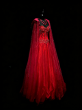 Elegant Ball Gown Sweetheart Red Tulle With Cape Beadings Floor Length Inspiration Long Prom Dresses HZ0311
