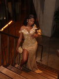 Gorgeous Gold Mermaid High-slit Sequined Long Prom Dress Evening Dress With Beads HZ0311