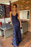 Elegant Mermaid Halter Sleeveless Navy Blue With Lace Long Sequins Backless Prom Dresses Vestidos De Dia HZ0311